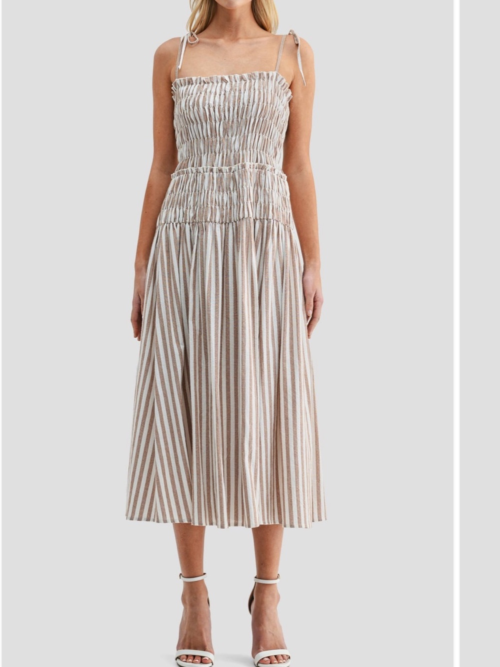 All in Favor Beige and White Striped Midi Dress